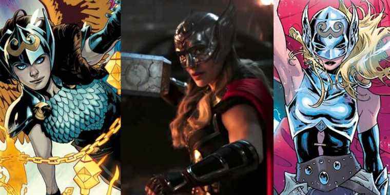 Jane Foster as Valkyrie in the comics; Natalie Portman as Mighty Thor in the teaser for Thor Love & Thunder; Jane Foster as the Mighty Thor in the comics