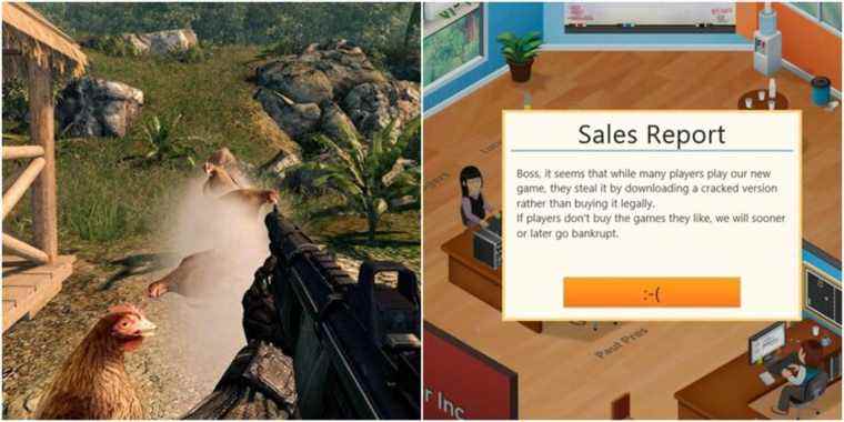 (Left) Gun shooting chickens (Right) Sales report message 