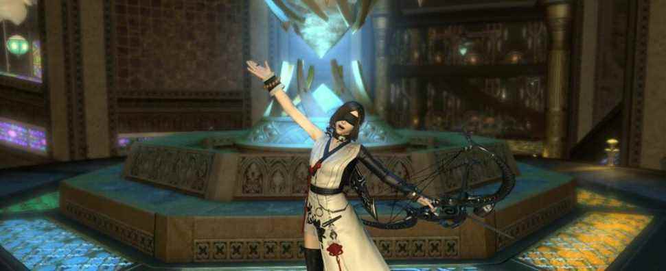 Final Fantasy 14 player standing in front of an aetheryte