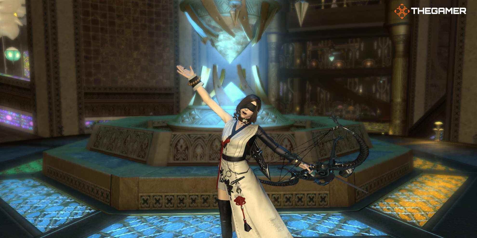 Final Fantasy 14 player standing in front of an aetheryte