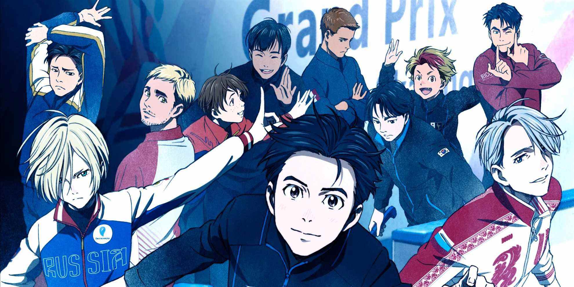 Les personnages principaux de Yuri !!!  on Ice posant à la patinoire