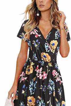 Styleword Robe à fleurs à manches courtes avec poches pour femme