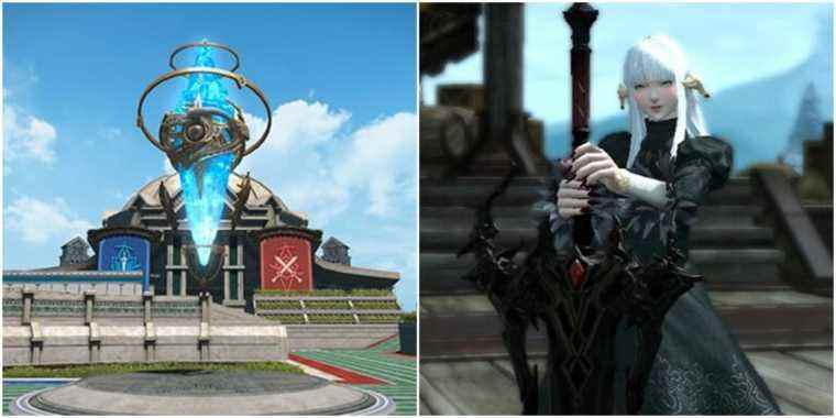 the image on the left is an arena for crystalline conflict, it shows the crystal that has to be moved to the goal, the picture on the right shows a player holding a sword in final fantasy 14