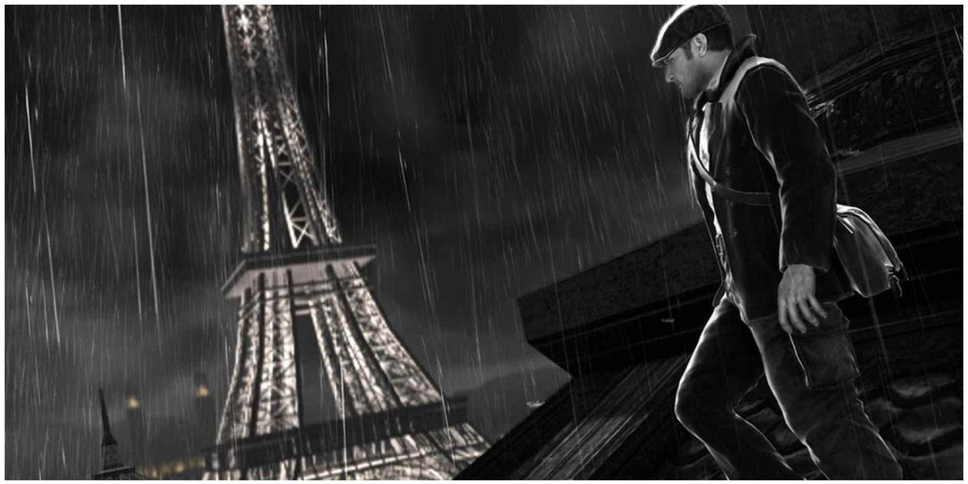 Le Saboteur Sean debout devant la Tour Eiffel