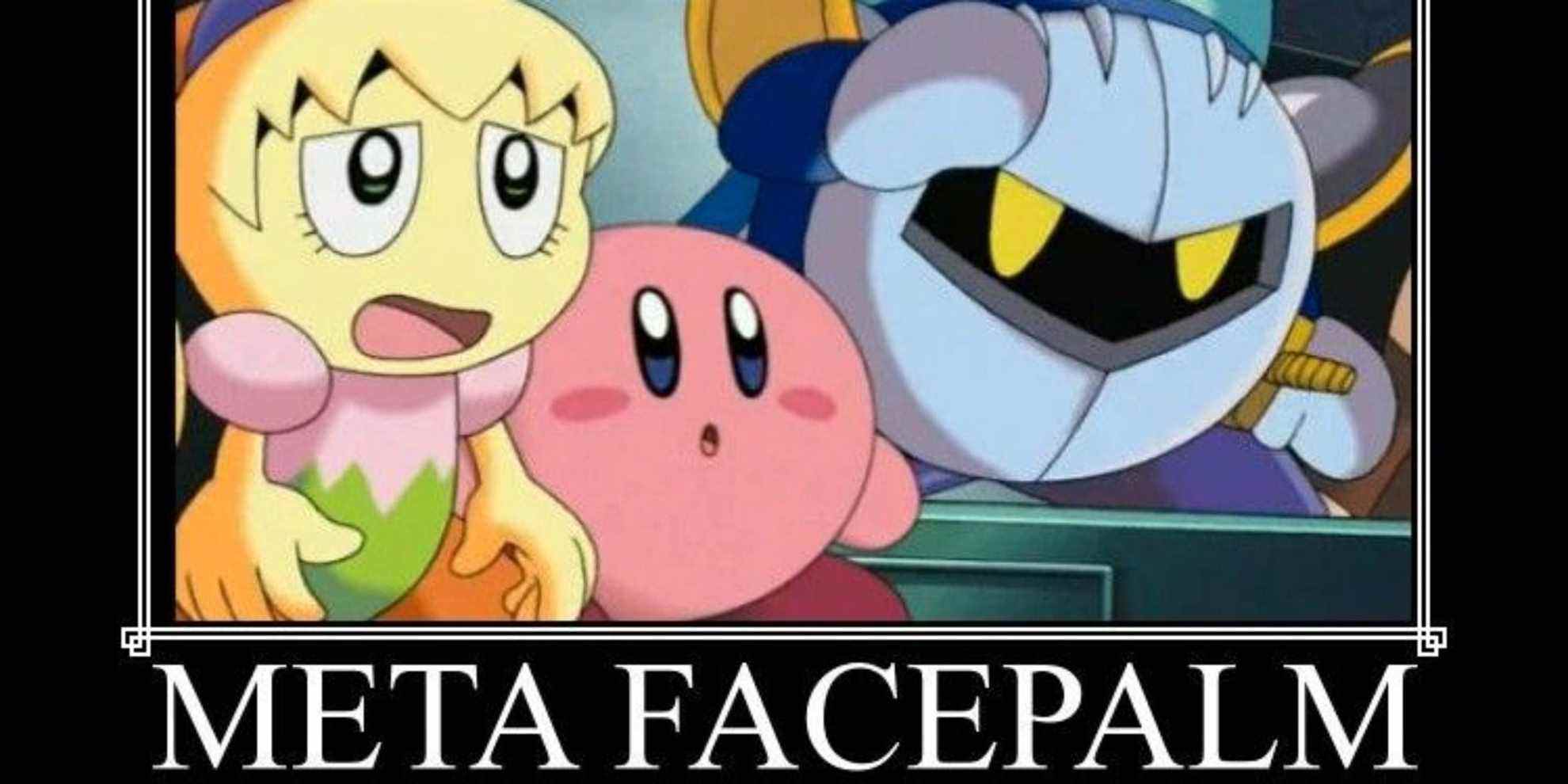 Tiff (à gauche), Kirby (au centre), tous deux la bouche ouverte et les yeux écarquillés, avec Meta Knight (à droite) mettant sa paume sur son front.