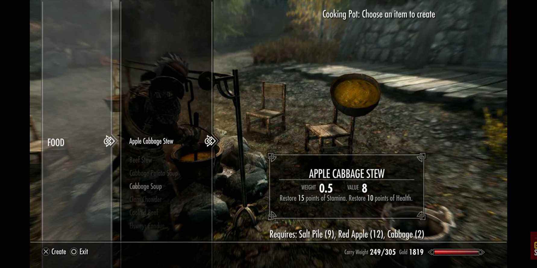 Recette et inventaire du ragoût de chou aux pommes dans Skyrim