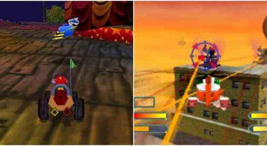 (Left) Playable character driving (Right) fighting in a city on a spaceship