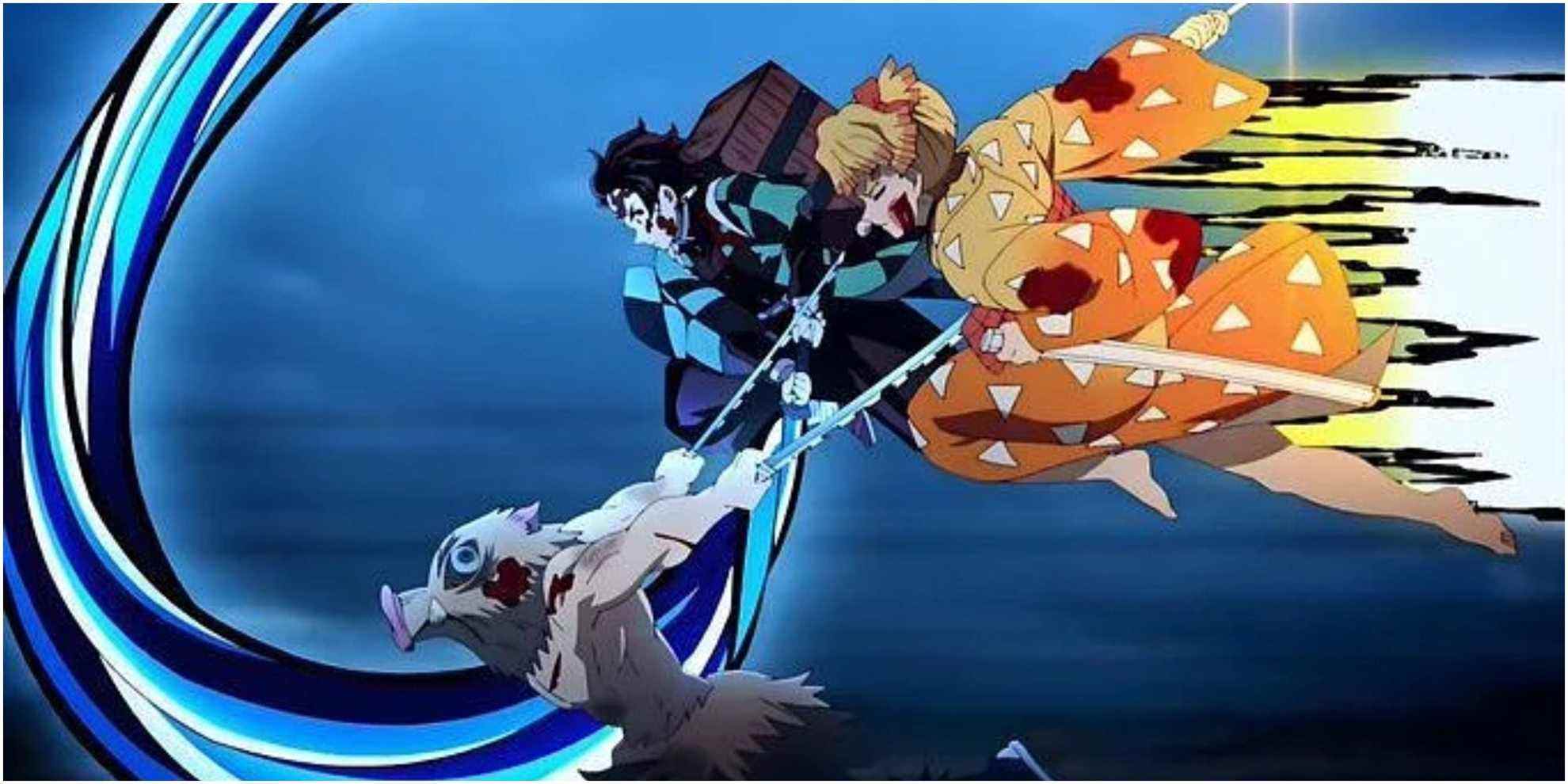 Demon Slayer Zenitsu avec Tanjiro et Inosuke attaquant