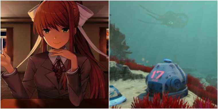 (Left) monika from doki doki literature club (Right) Pod underwater in Subnautica