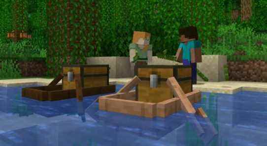 Screenshot of boats with chests in Minecraft's 1.19 Wild Update with Steve and Alex in background