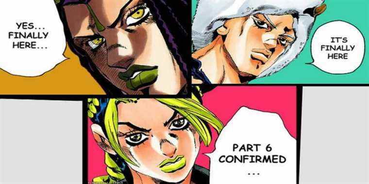 Ermes Costello Weather Report and Jolyne Cujoh confirming Part 6 in separate panels