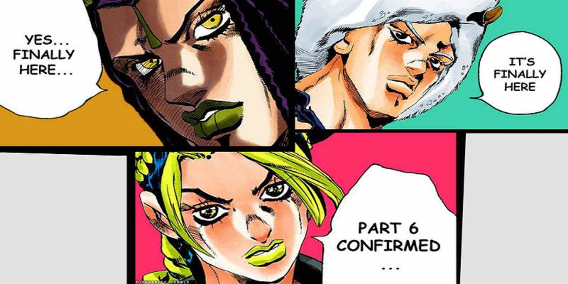 Ermes Costello Weather Report and Jolyne Cujoh confirming Part 6 in separate panels