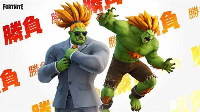 Blanka de Street Fighter en costume et lunettes de soleil, disponible sur Fortnite.