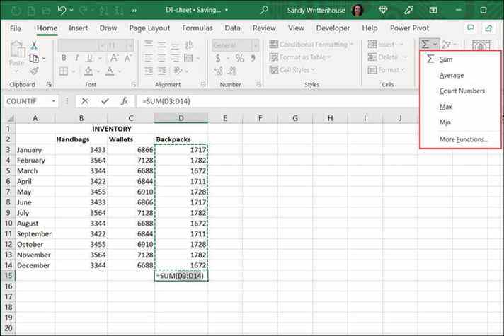 Fonctions Excel AutoSum avec SUM sélectionné.