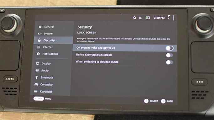 Étape 3 de la configuration de l'écran de verrouillage du Steam Deck : Entrez dans le nouveau menu des paramètres de sécurité et activez l'une des trois bascules de l'écran de verrouillage.