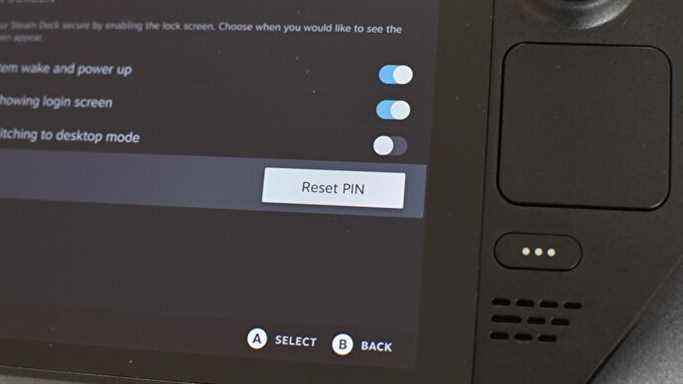 Étape 6 de la configuration de l'écran de verrouillage du Steam Deck : Vous pouvez réinitialiser votre code PIN en appuyant sur le 