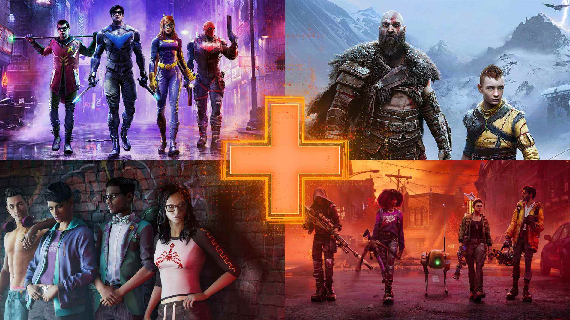 En haut à gauche : Gotham Knight, God of War : Ragnarok, Redfall, Saints Row