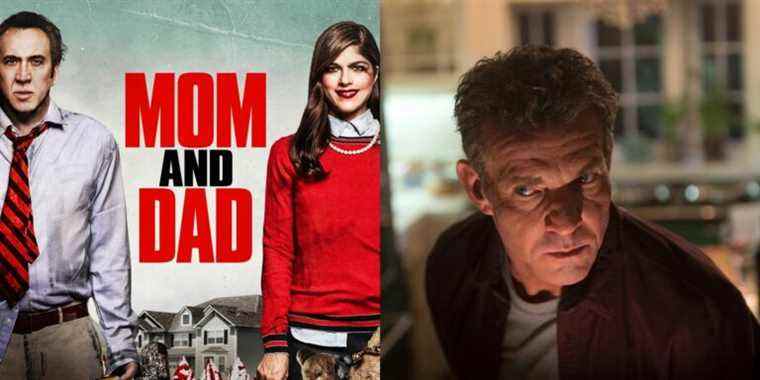 Split image of Charlie (Dennis Quaid) in The Intruder and Brent (Nicolas Cage) and Kendall (Selma Blair) in Mom And Dad