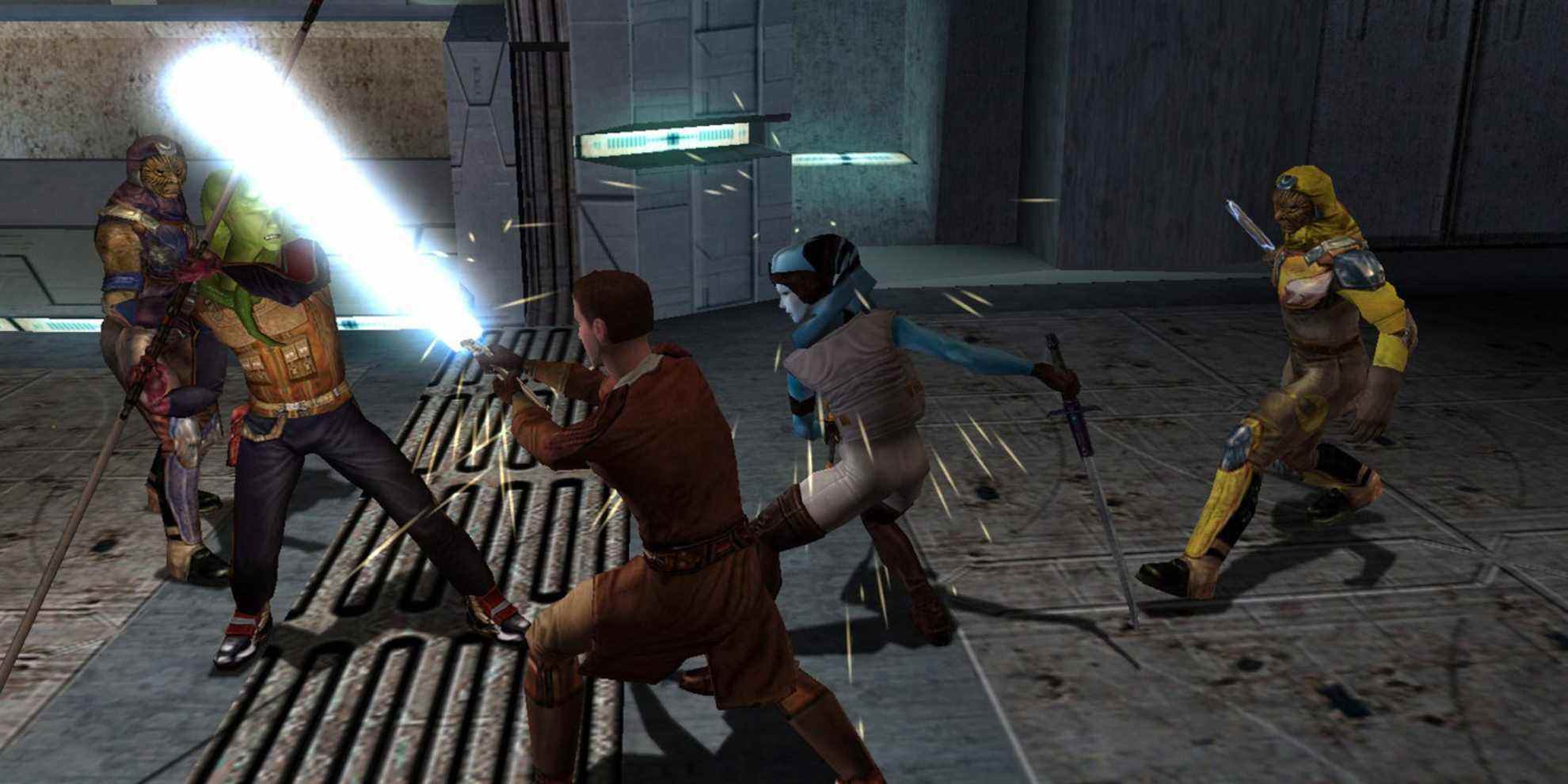 Party fighting enemies with lightsaber and melee weapons