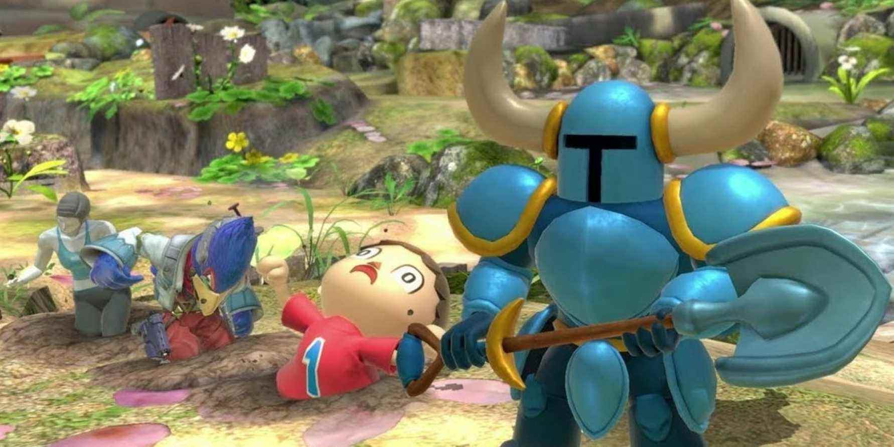 Super Smash Bros. Ultimate's Shovel Knight Assist Trophy with a buried Villager, Falco, and Wii Fit Trainer