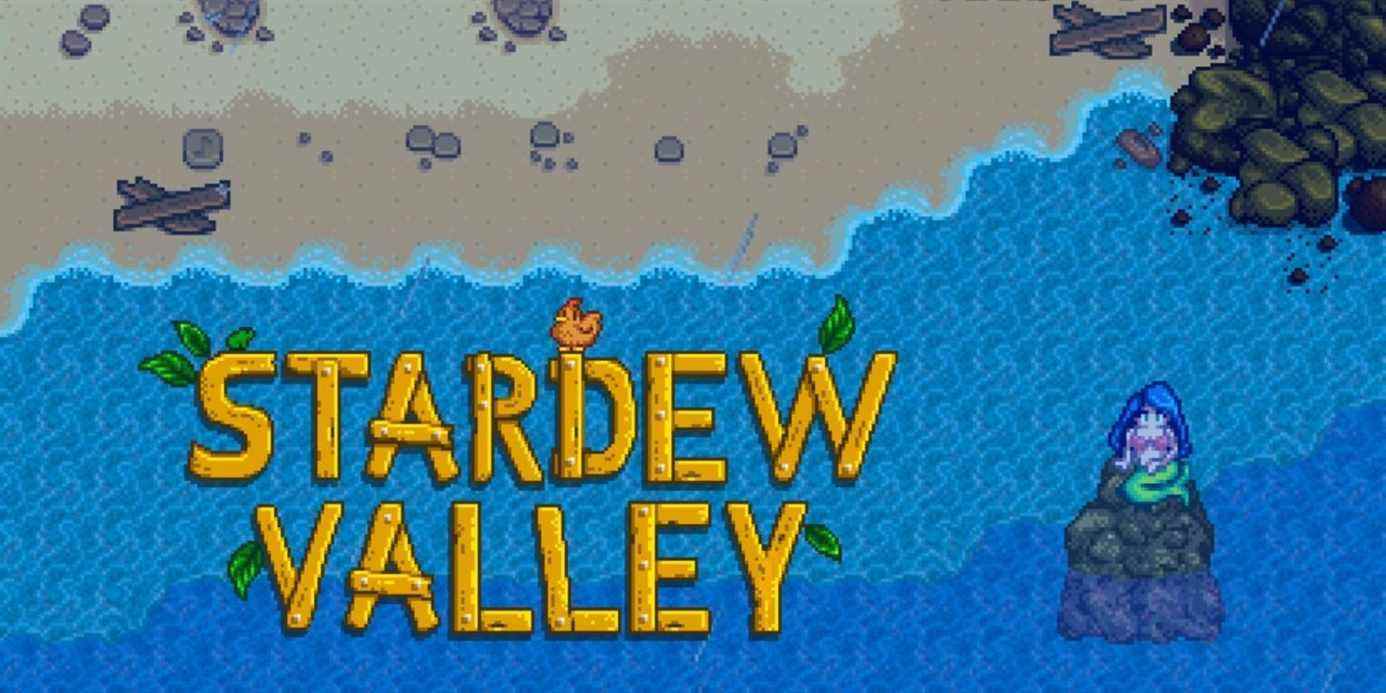 stardew valley logo beside mermaid on rock in pirate cove