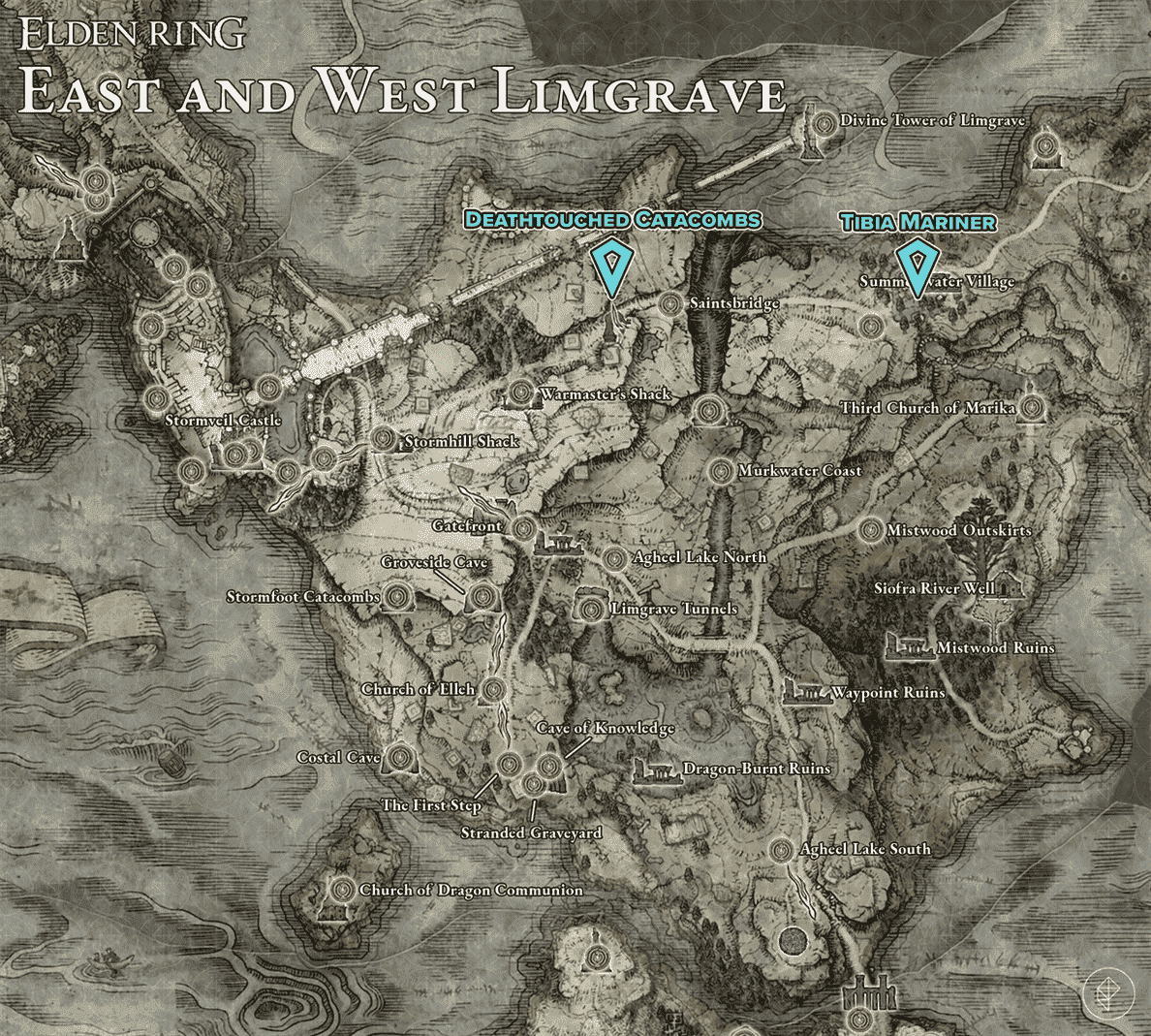 Carte Elden Ring de Limgrave avec des épingles indiquant les emplacements de la racine de la mort