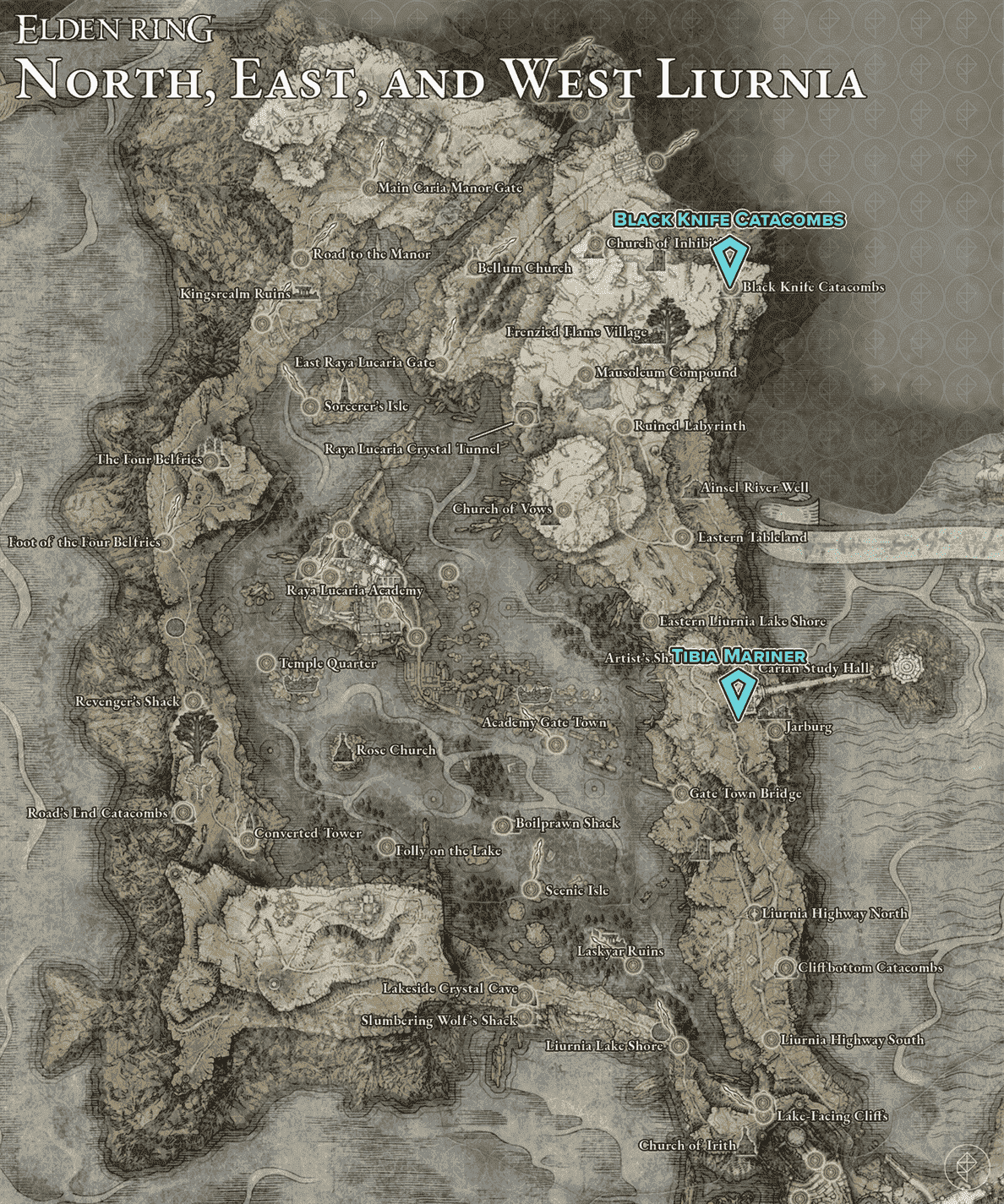 Carte Elden Ring de Liurnia des lacs avec des épingles indiquant les emplacements des racines de la mort