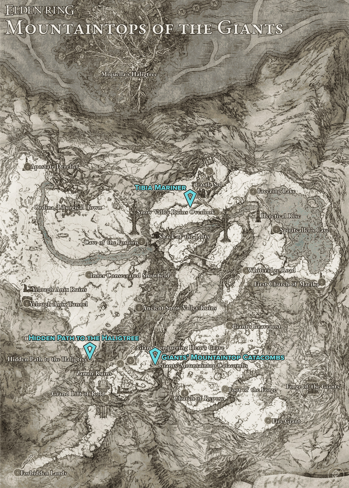 Carte Elden Ring des sommets des géants avec des épingles indiquant les emplacements des racines de la mort