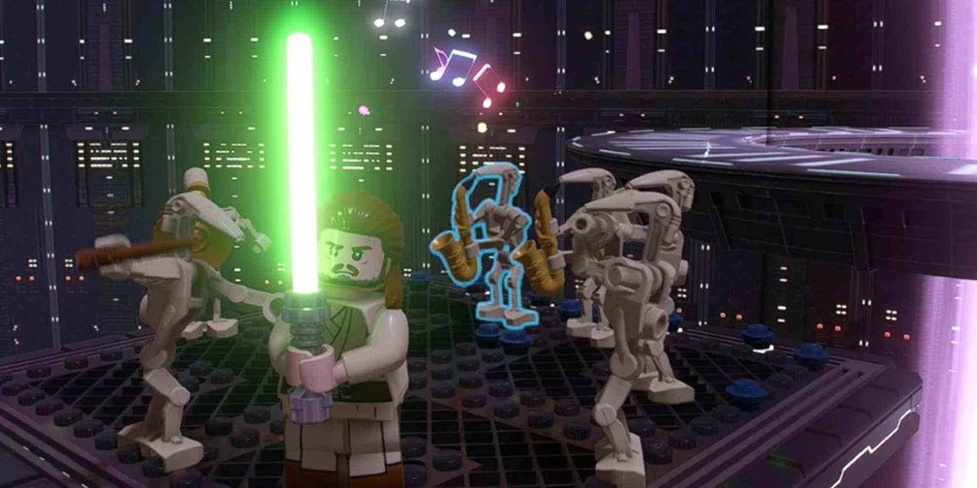 Qui-Gon et une bande de droïdes dans Lego Star Wars : La saga Skywalker