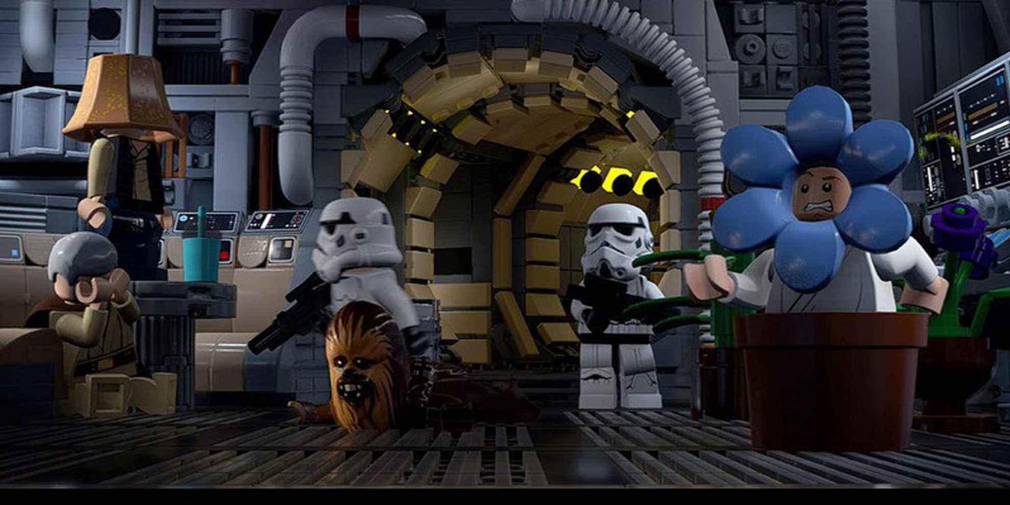 Stormtroopers et un équipage déguisé du Faucon Millenium dans Lego Star Wars : La saga Skywalker