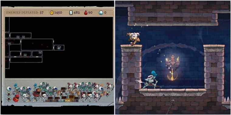 The death screen and fighting enemies in Rogue Legacy 2