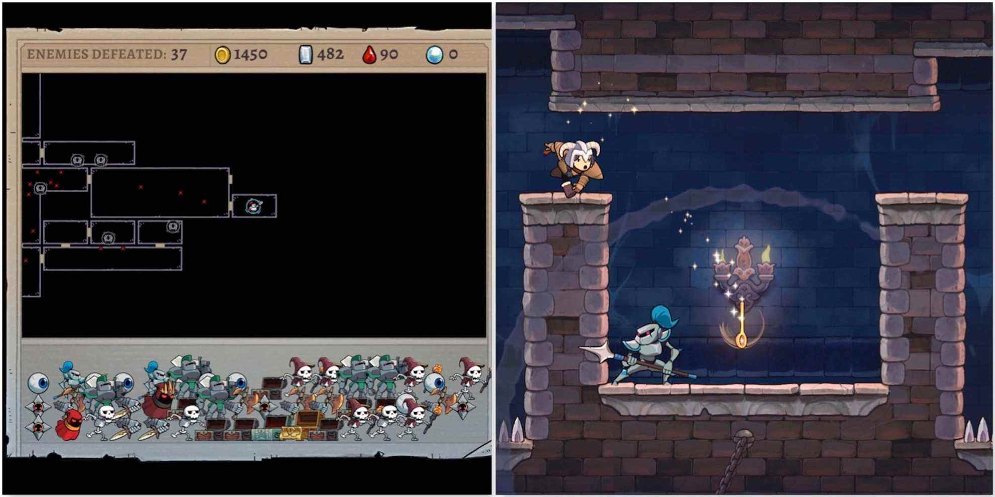 The death screen and fighting enemies in Rogue Legacy 2