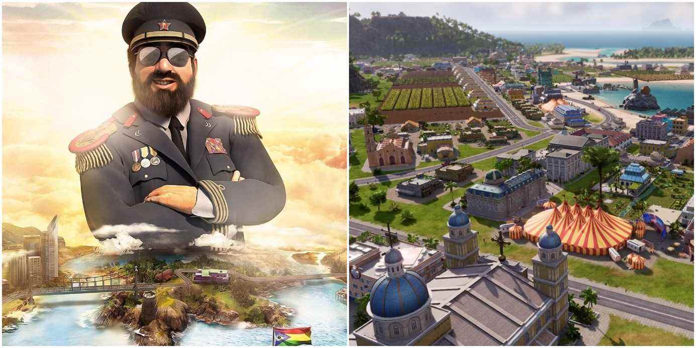 (Left) cover art for Tropico 6 (Right) island packed with buildings