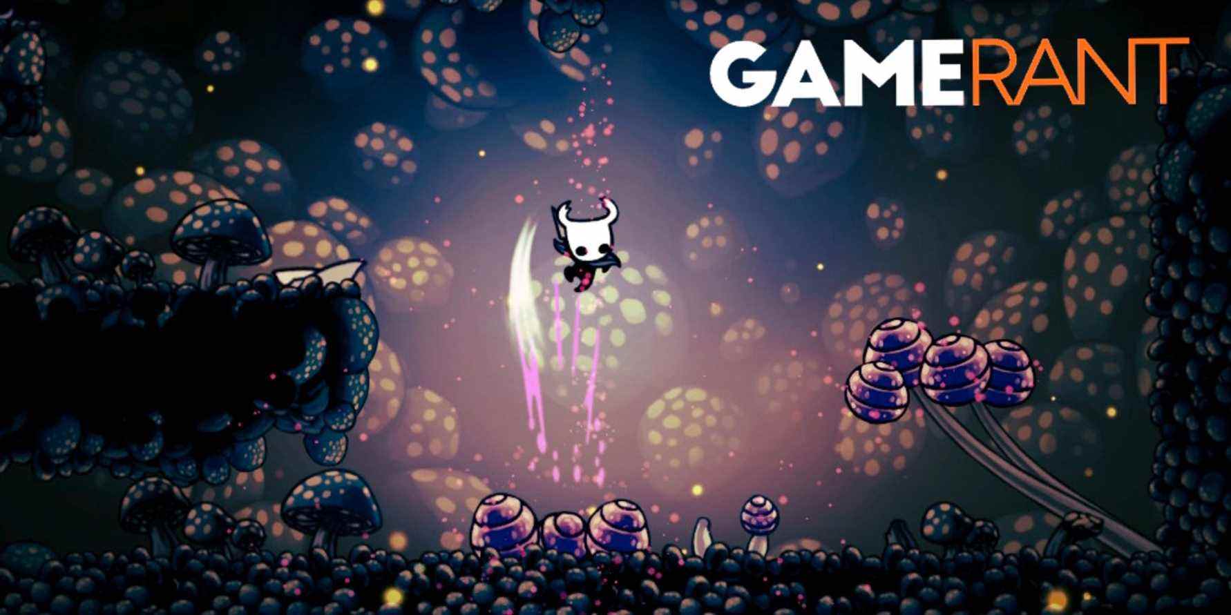 Hollow Knight utilisant une barre oblique vers le bas sur un champignon dans les déchets fongiques