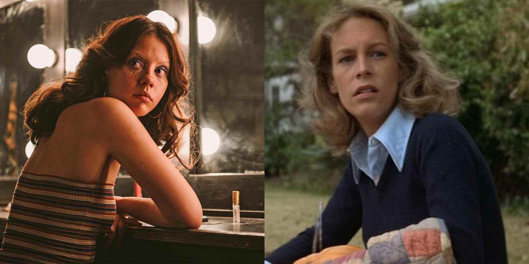 Split image of Maxine (Mia Goth) in X and Laurie (Jamie Lee Curtis) in Halloween (1978)