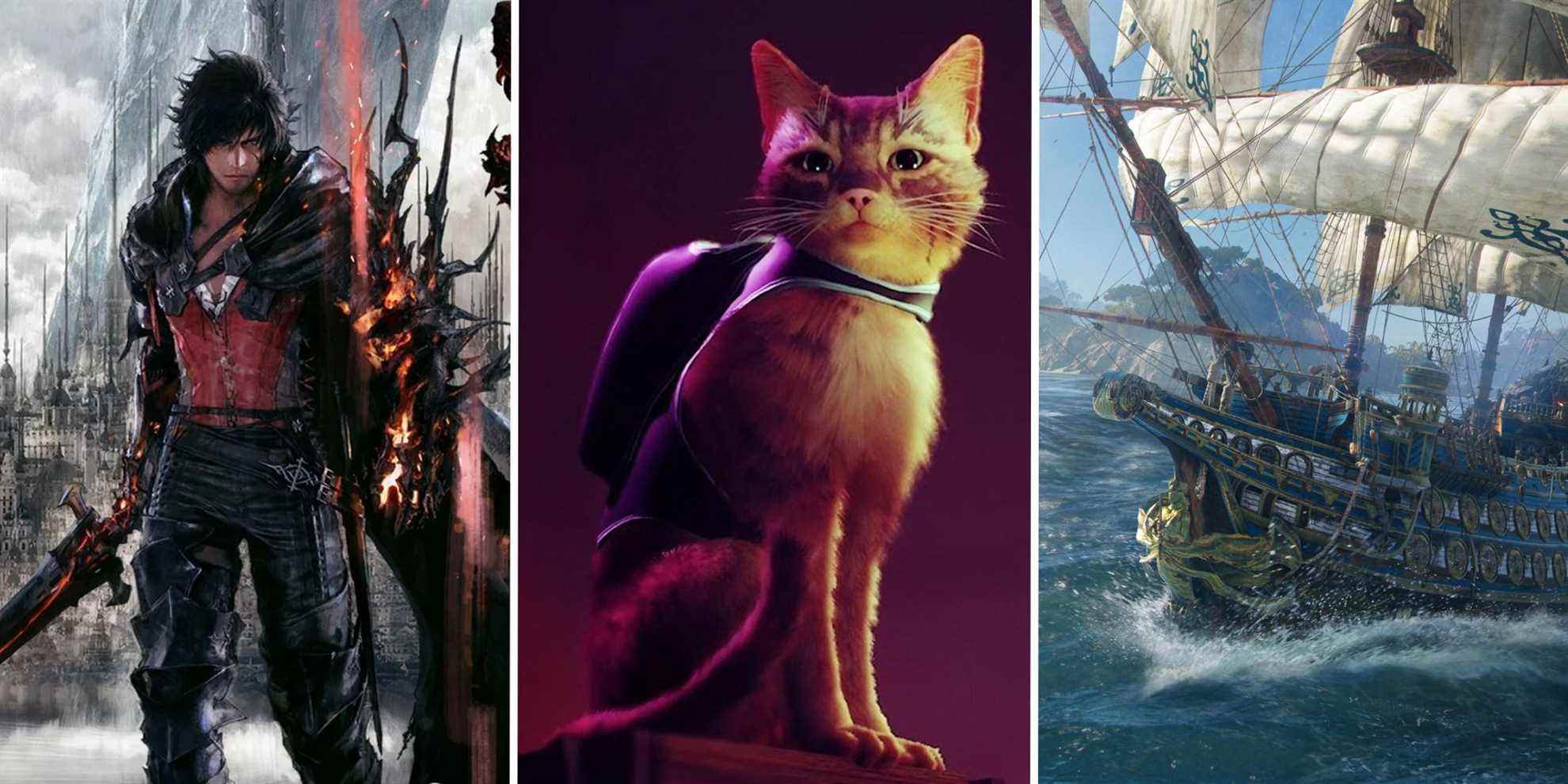 main charcater of final fantasy 16, the cat from stray, and a ship from skull and bones