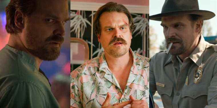 Hopper in medical scrubs in season 2; Hopper in a tropical shirt in season 3; Hopper in his chief uniform smoking a cigarette in season 1