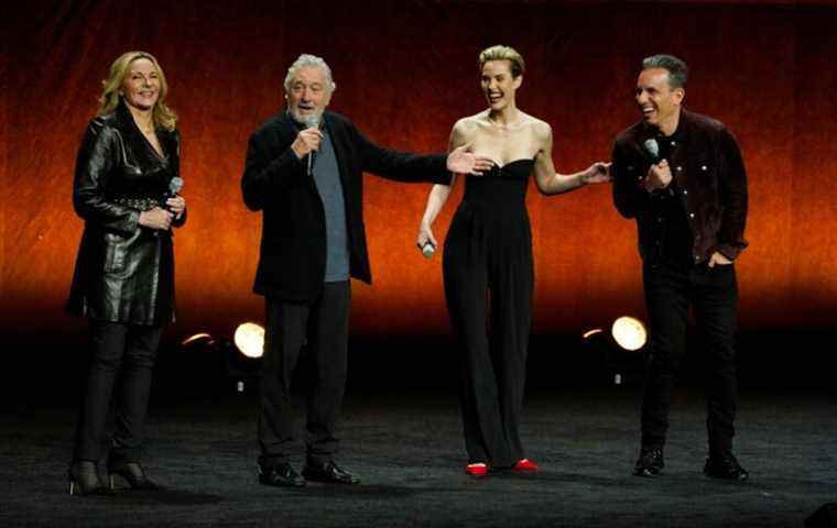 From left, Kim Cattrall, Robert De Niro, Leslie Bibb and Sebastian Maniscalco, cast members in "About My Father," discuss the film during the Lionsgate presentation at CinemaCon 2022 at Caesars Palace, Thursday, April 28, 2022, in Las Vegas. Maniscalco also co-wrote the film. (AP Photo/Chris Pizzello)