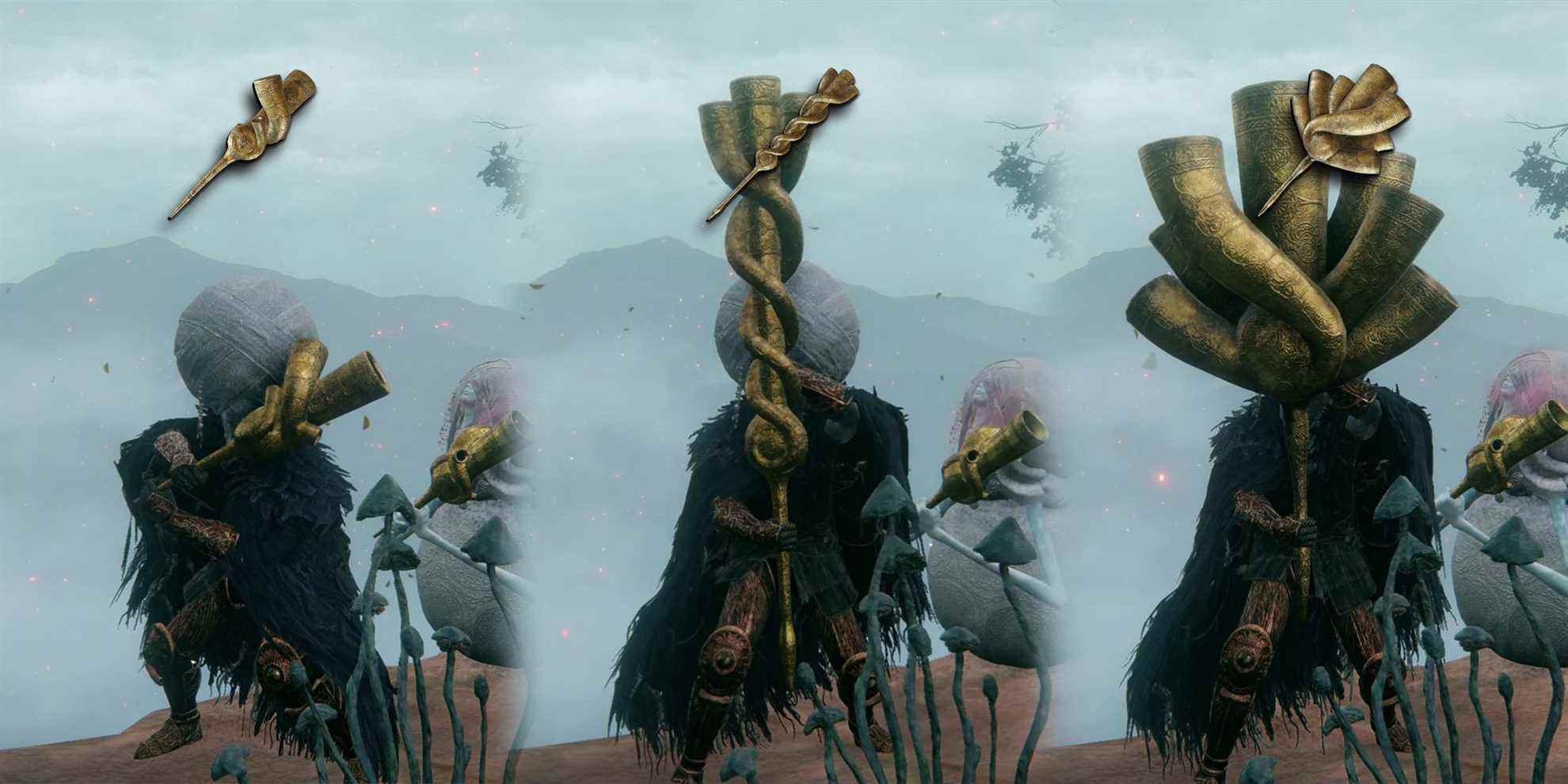 Elden Ring - PNG des trois armes de corne d'envoyé superposées sur des images du personnage du joueur les brandissant