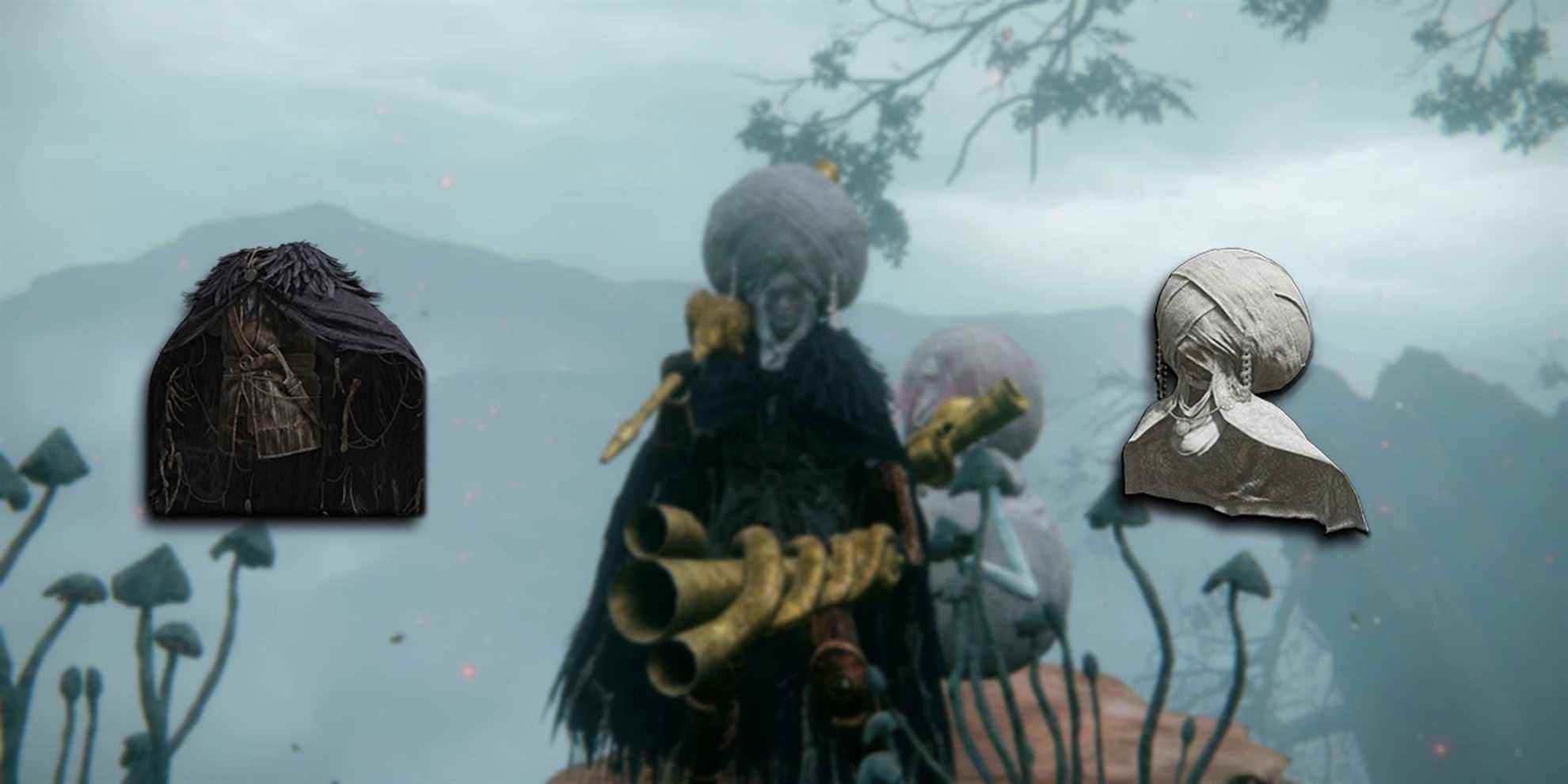 Elden Ring - PNG de la couronne d'envoyé et des plumes noires de Raptor superposées sur l'image des personnages joueurs les portant