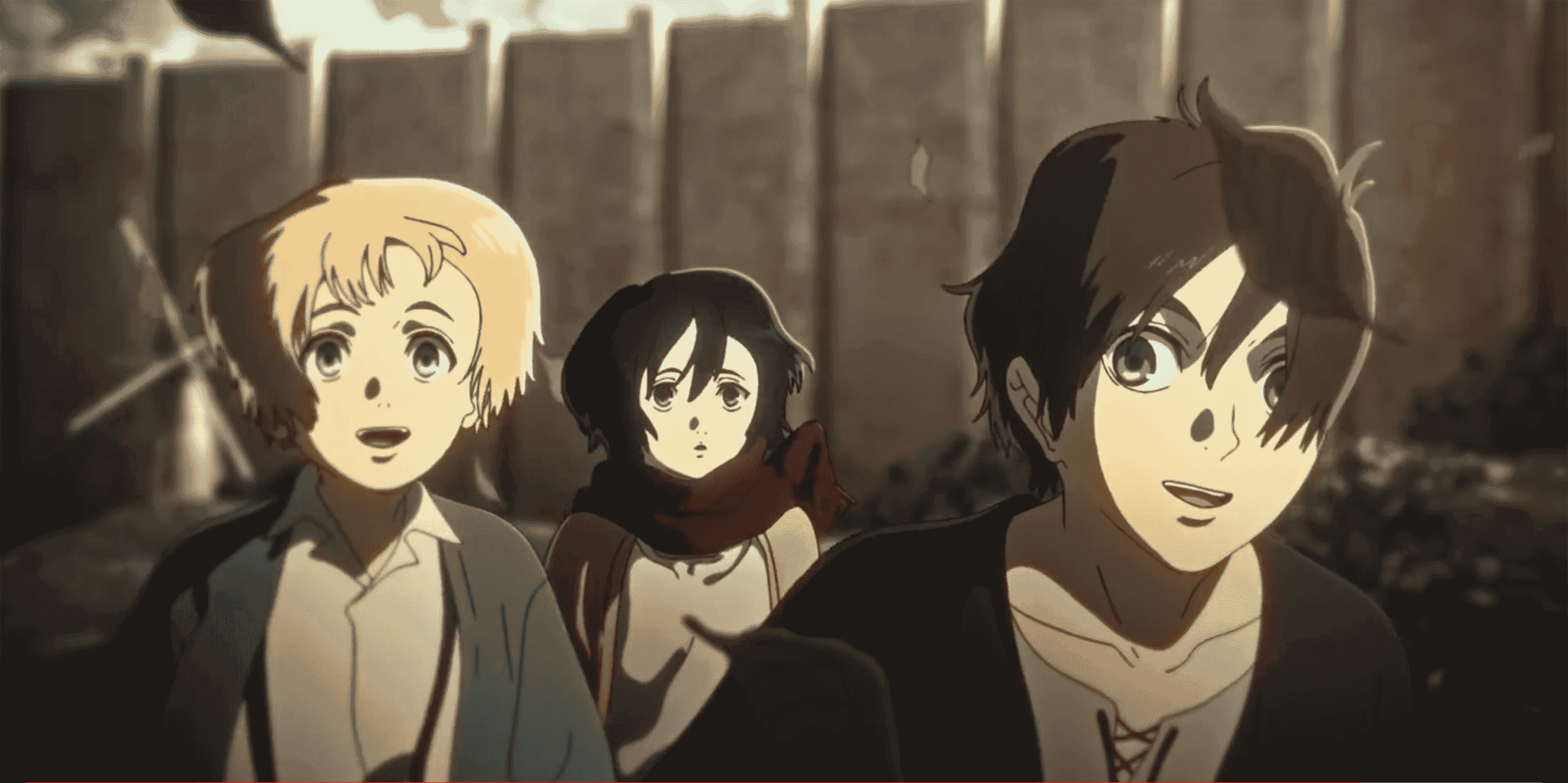 Les jeunes Eren, Mikasa et Armin dans leur ville natale