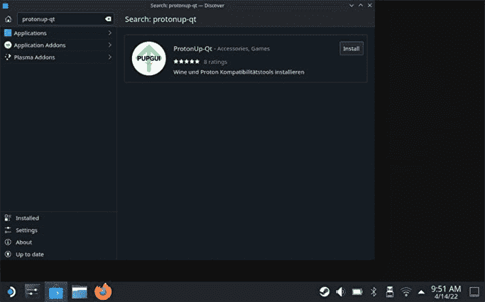 Étape 2 de l'installation de Proton GE sur le Steam Deck : recherchez ProtonUp-Qt dans l'App Store Discover.
