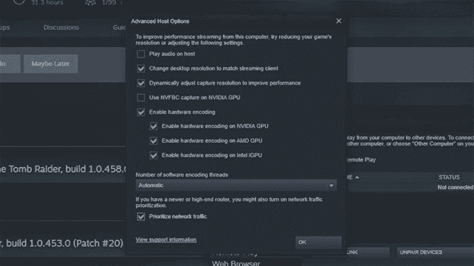 Étape 2 de l'utilisation de Steam Remote Play sur le Steam Deck : Personnalisez les options avancées de l'hôte dans la section Remote Play des paramètres Steam de votre PC.