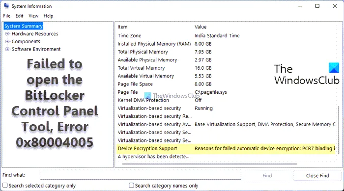 Échec de l'ouverture de l'outil du panneau de configuration BitLocker, erreur 0x80004005