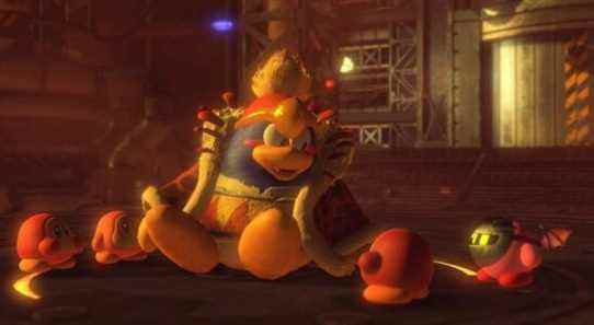 King Dedede reawakening with Kirby and some Waddle Dees after his Forgo Dedede boss battle in Kirby and the Forgotten Land