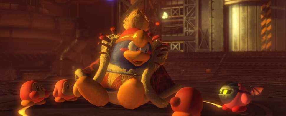 King Dedede reawakening with Kirby and some Waddle Dees after his Forgo Dedede boss battle in Kirby and the Forgotten Land