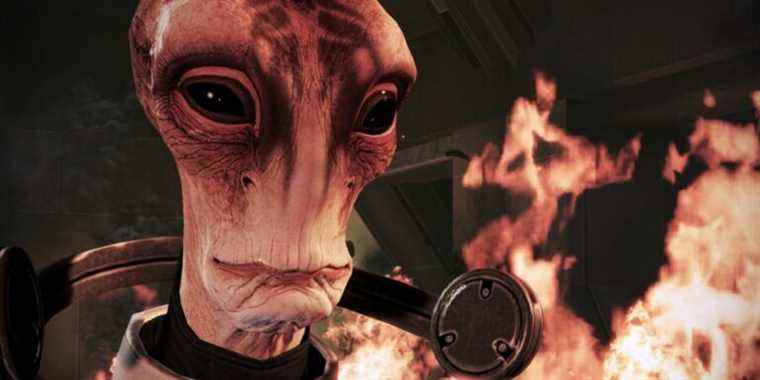 Mass Effect 3 Mordin close up with fire in the background