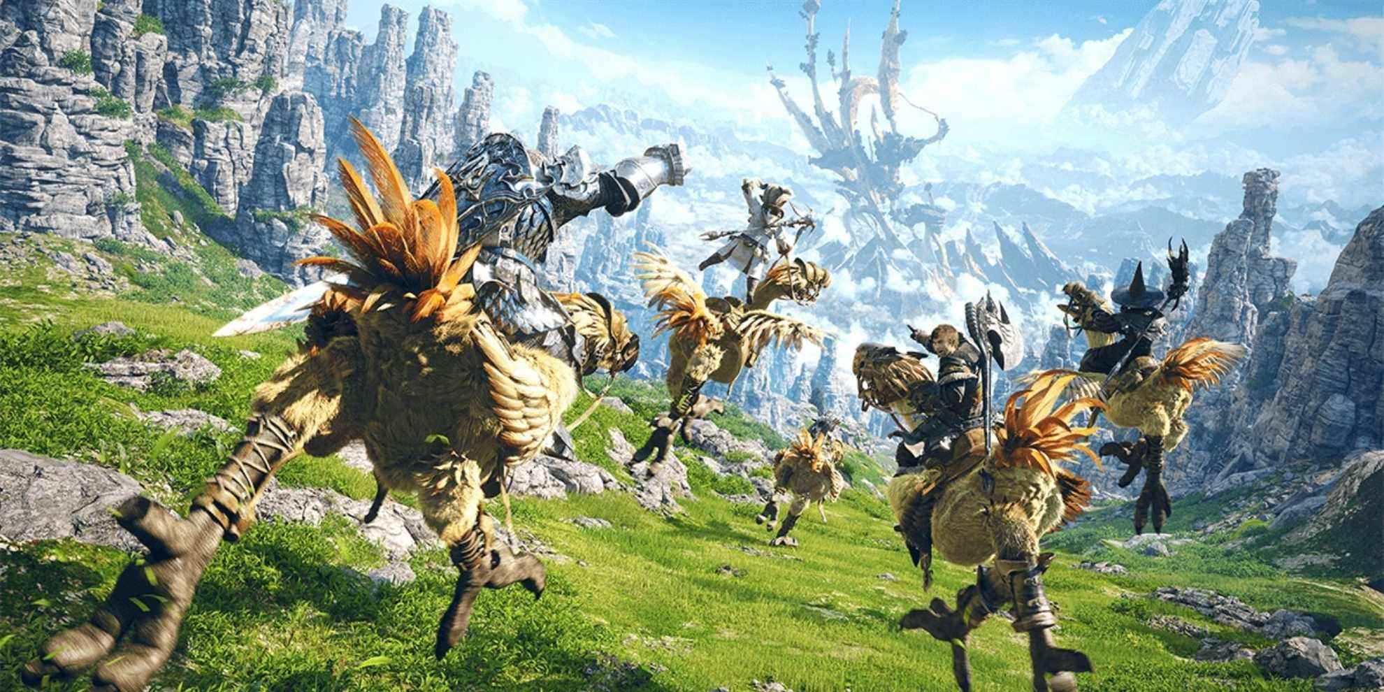 final fantasy 14 promo art of chocobos running into the distance