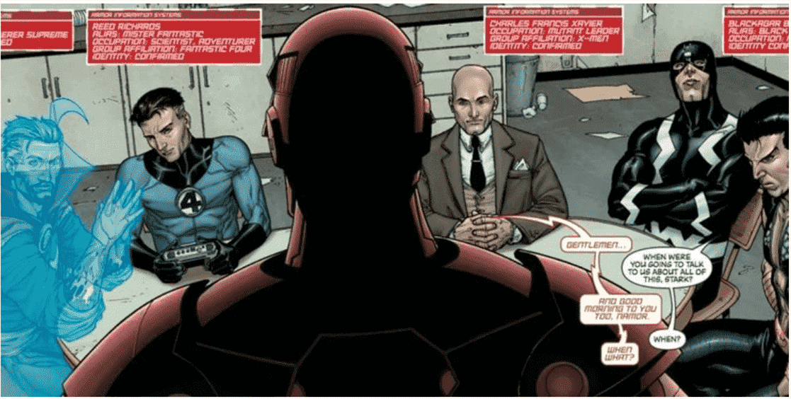 Image de NEW AVENGERS # 7 montrant Iron Man regardant les autres membres Illuminati, tous à une table