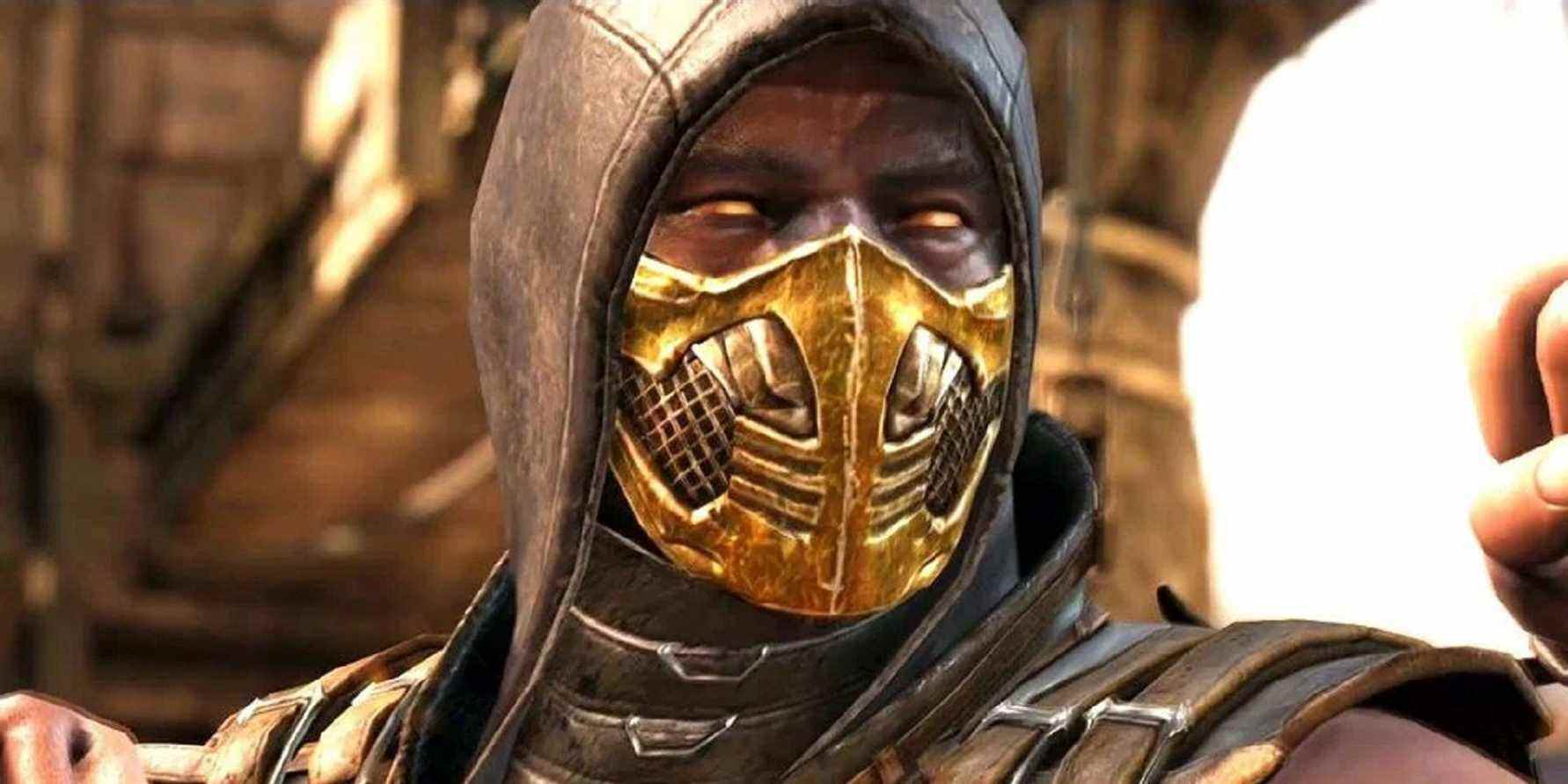 A face close-up of Scorpion from Mortal Kombat 10.